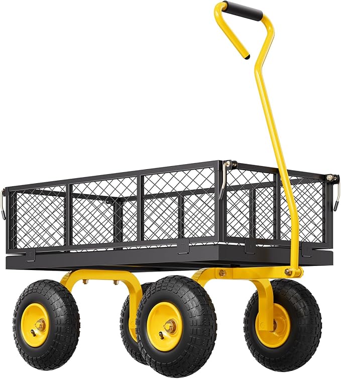 VEVOR 500 Lbs Steel Garden Cart, Heavy Duty Garden Wagon Cart Pullable on Wheels, Metal Yard Utility Wagon Carts with 10" All Terrain Tires, Mesh Removable Sides and 180°Rotating Handle