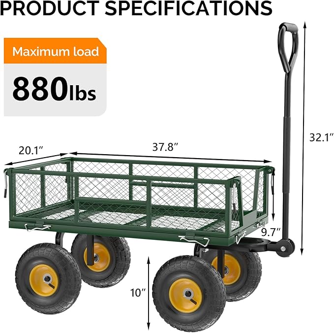 VINGLI Heavy Duty 880 LBS Mesh Steel Garden Cart, Detachable Utility Wheelbarrow, Yard and Garden Wagon Cart with Removable Sides and 10 Inch Wheels (Green)