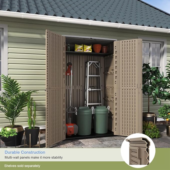 KINYING Outdoor Storage Shed Waterproof, Resin Vertical Outdoor Storage Cabinet for Patio Furniture, Garden Tools, Pool Accessories, Mower Storage (66 Cu.ft, Dark Brown)