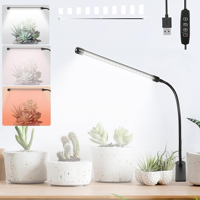 Sunny Power Clip On Grow Lights for Indoor Plants Full Spectrum, 6000K LED Plant Light for Indoor Growing With Adjustable Auto On/Off Timer, Dimmable, 3 Lighting Modes White Red Leds for Seed Starting