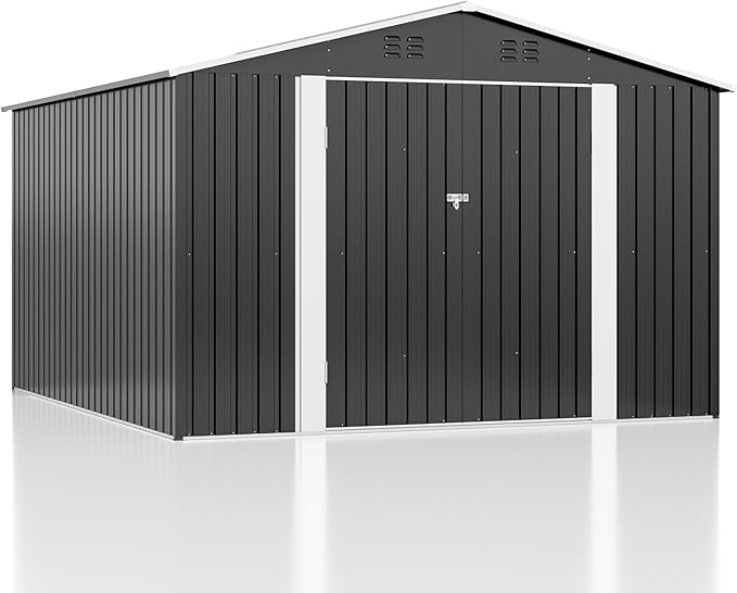WKM 10x10 FT Outdoor Storage Shed, Utility Metal Tool Storage with Lockable Doors and Updated Frame Structure, Metal Garden Shed for Backyard, Patio Lawn, Black