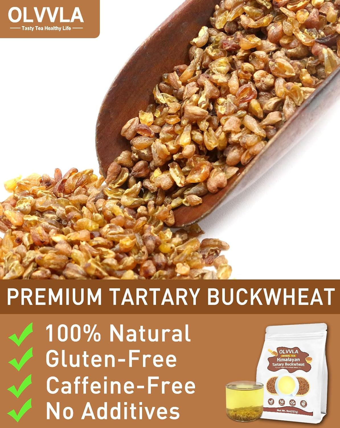 Olvvla - Himalayan Tartary Buckwheat - 8oz/227g - Premium Roasted Buckwheat Tea - Gluten-Free - Caffeine Free - Rich Aroma of Roasted Buckwheat