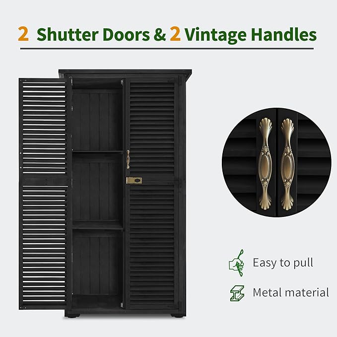 MCombo Outdoor Storage Cabinet, Wooden Storage Shed with Latch, Outside Garden Tool Shed with 2 Doors for Patio Yard Lawn, 0808 (Black, Medium)