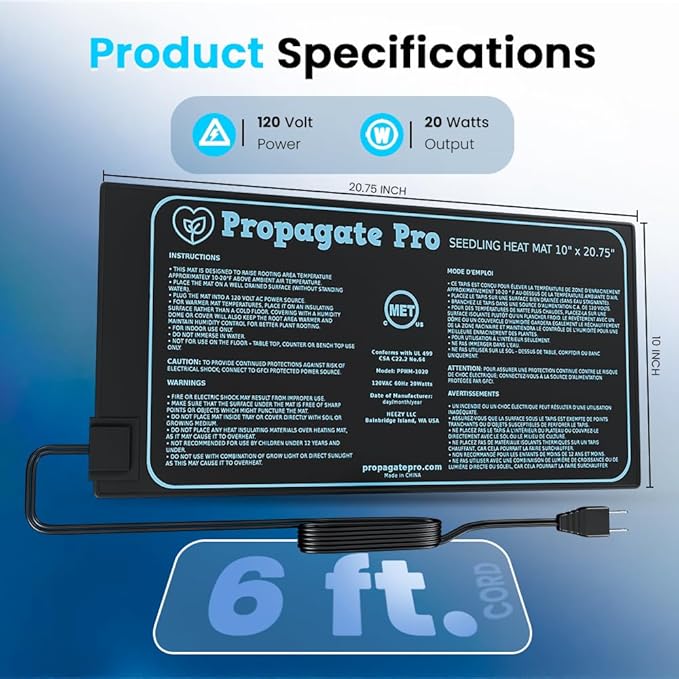 Seedling Heating Mat | Fits (1) Standard 1020 Tray | Germination Grow Heat Pad for Seed & Starter Plants Soil Warmer for Indoor Home Gardening (10x20 Double + Heating Thermostat)