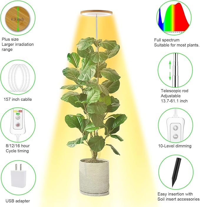 Plant Grow Light,yadoker LED Growing Light Full Spectrum for Indoor Plants, Paired with a Soil Tester,Height Adjustable, Automatic Timer, 5V Low Safe Voltage,Idea for Large Plant Light