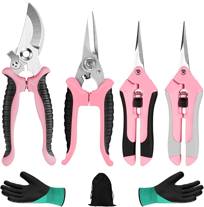 4 Packs Garden Pruning Shears Stainless Steel Blades Handheld Pruners Set with Gardening Gloves(Pink)