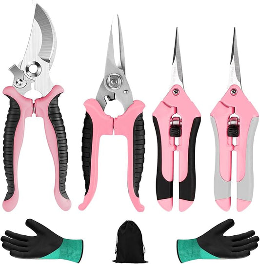 4 Packs Garden Pruning Shears Stainless Steel Blades Handheld Pruners Set with Gardening Gloves(Pink)