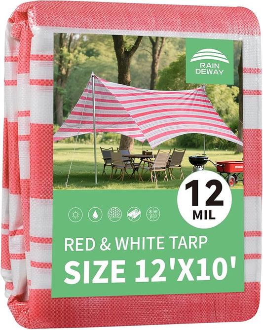 RAINDEWAY Tarps 10x12 Feet,12 Mil Sunshade Striped Tarp Waterproof,Multipurpose Poly Tarp Cover with Grommets and Reinforced Edges,Red/White Tarps