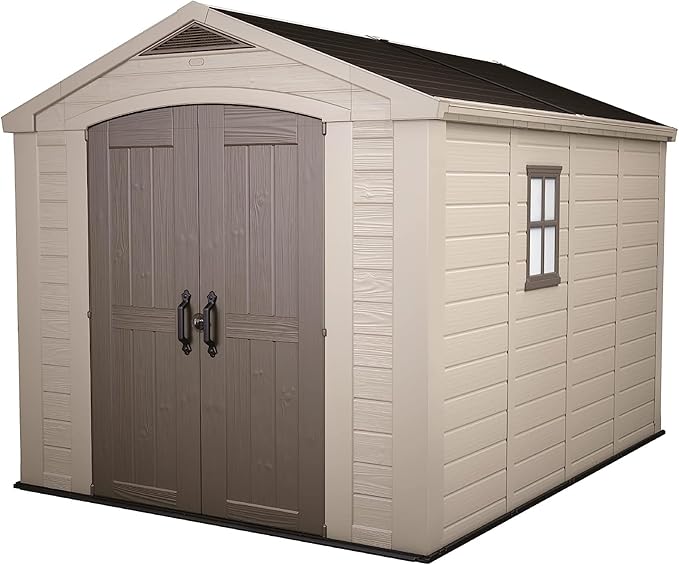 Keter Factor 8 x 11 Foot All Weather Resin Outdoor Storage Shed with 2 Shelves Included and Built-in Ventilation for Backyard Organization, Taupe
