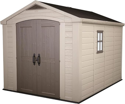 Keter Factor 8 x 11 Foot All Weather Resin Outdoor Storage Shed with 2 Shelves Included and Built-in Ventilation for Backyard Organization, Taupe