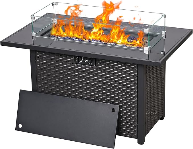 43'' Gas Fire Pit Table, Outdoor Rectangle Fire Pit Table with Cover, Glass Wind Guard & Glass Rock, 60000 BTU Stainless Steel H-Burner Fire Pit Tables for Outside Patio Backyard Garden (Rectangle)