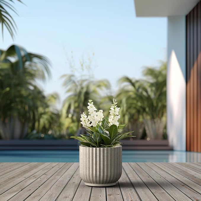 Kante Round Fulted Planter, 11 Inch Dia Large Concrete Plant Pots with Drainage Hole and Rubber Plug, Modern Decor for Indoor Outdoor Plants, Flower, Weathered Concrete