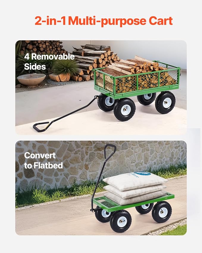 VEVOR 680 Lbs Steel Garden Cart on Wheels, Heavy Duty Garden Wagon Cart Pullable, Metal Outdoor Utility Yard Wagon Carts with 10" Tires, Mesh Removable Sides and 180°Rotating Handle
