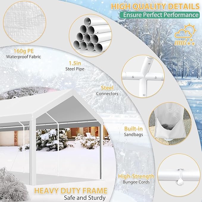 COBIZI Carport 10x20ft Heavy Duty Portable Garage, 2.0 Powder Coated Frame(Better Than Galvanized), Waterproof Shelter with Built-in Sandbags, for Car/Boat/SUV, White