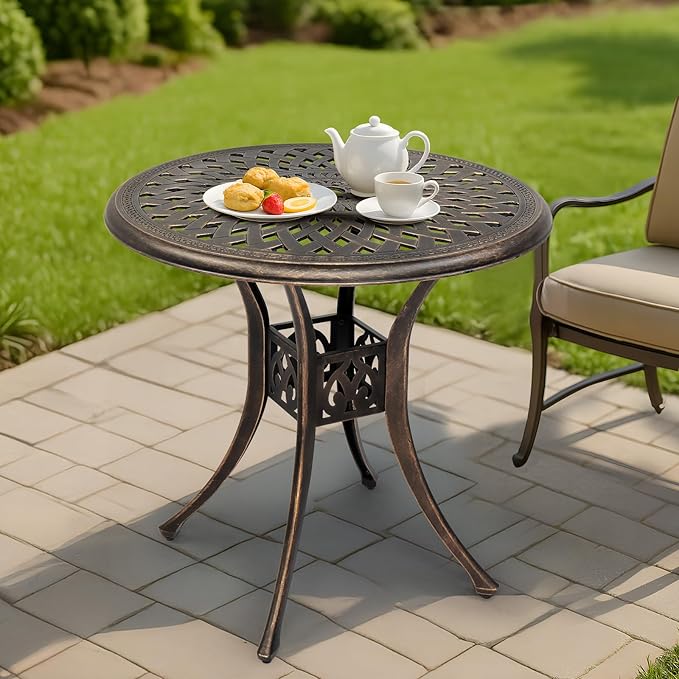 Outvita Patio Side Table, 30.7in Outdoor Round Cast Aluminum Bistro Table with Umbrella Hole and Antique Design for Backyard Porch Pool Balcony Deck Bronze