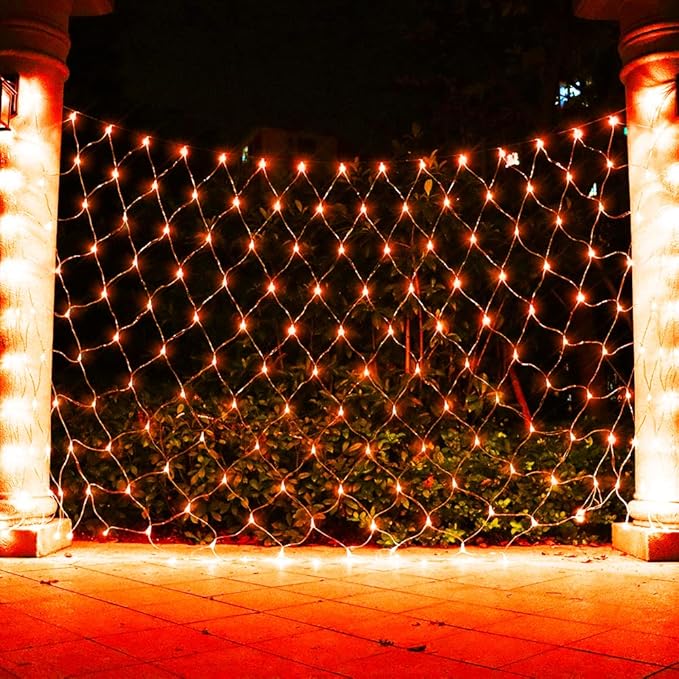 LED Net Light Fall Decor Mesh Lights, 240LED Tree Warp Fairy Lights Outdoor Hanging String Light for Home, Bedroom, Christmas, Garden, Walkway, Bushes,Halloween Decor-9.8ft x 6.6ft(Orange)