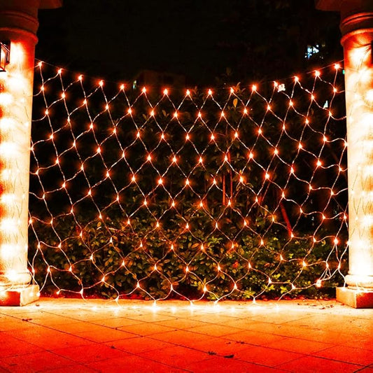 LED Net Light Fall Decor Mesh Lights, 240LED Tree Warp Fairy Lights Outdoor Hanging String Light for Home, Bedroom, Christmas, Garden, Walkway, Bushes,Halloween Decor-9.8ft x 6.6ft(Orange)