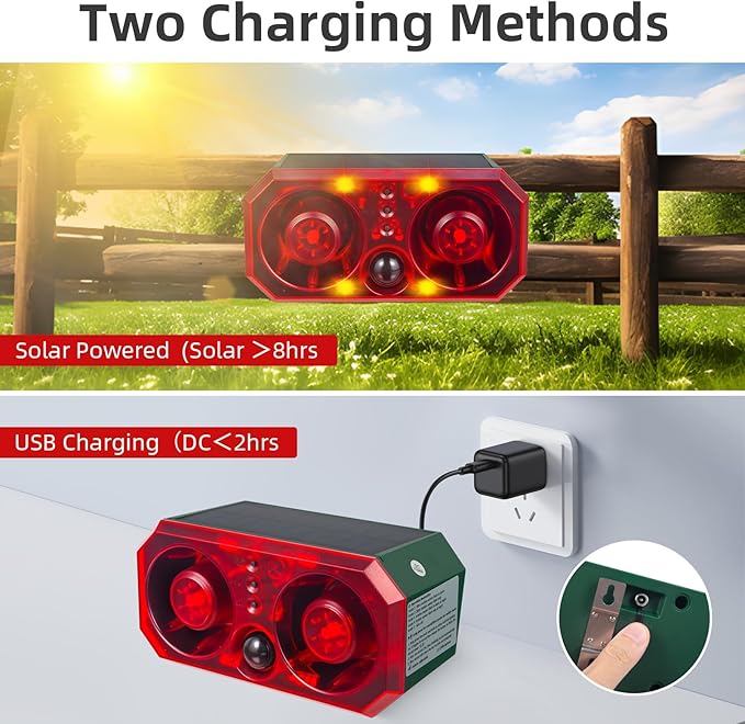 Solar Outdoor Cat Deterrent for Yard - Customizable Recording, Adjustable Volume, Multiple Modes, Ultrasonic Cat Deterrent for Farm, Pond, and Orchard Security with USB Charging and Remote Control