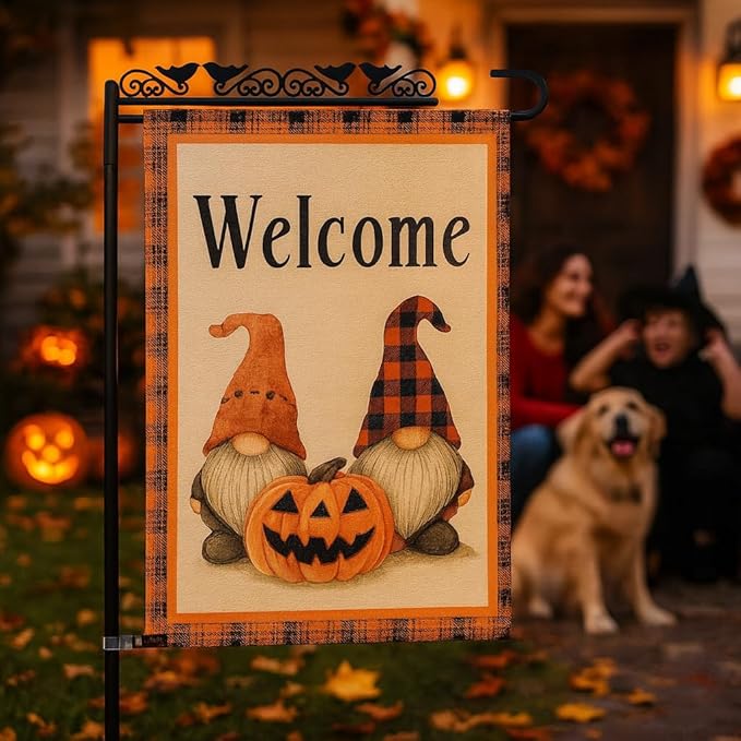 Welcome Halloween Garden Flag with Gnome and Pumpkin – 12x18 Double Sided Burlap Halloween Flag for Outside – Fall Yard Decor for Garden or Porch