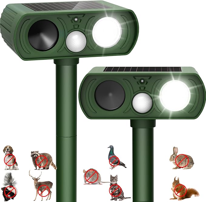2PACK Solar Ultrasonic Animal Repellent Outdoor, Deer Repellent Devices Squirrel Cat Raccoon Rabbit Dog Deterrent, Keep Rodent Away Motion Detection with Flash Light for Yard Garden Lawn