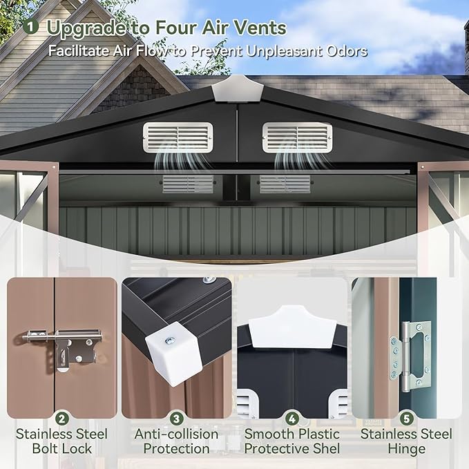 Aoxun 10x8 FT Outdoor Storage Shed with Double Hinged Large Door Utility Garden Shed with Lockable Door & Sloped Roof Metal Sheds Outdoor Storage for Garden, Backyard, Patio and Backyard, Brown