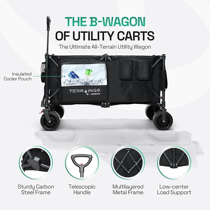 Foldable Beach Wagon Cart- Interchangeable All Terrain Wheels- 12" Beach Wheels Optional- Patent Pending- Gardening, Fishing, Shopping-Built-in Insulated Cooler Pouch, More Storage Pockets, Cupholders