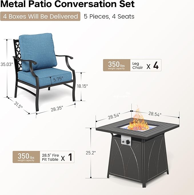 5 Piece Metal Outdoor Patio Furniture Set with Fire Pit Table, Patio Conversation Sets 4 Fixed Chairs with 5.75" Thick Cushion and 5000 BTU Fire Pit Table, Backyard Furniture, Navy