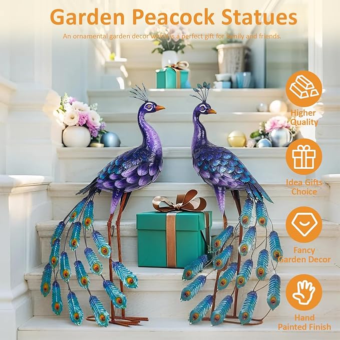 Kircust Purple Peacock Garden Statue and Sculpture, Metal Peacocks Yard Art Lawn Decor, Large Birds Garden Sculptures & Statues for Patio Backyard Pond Home Decoration