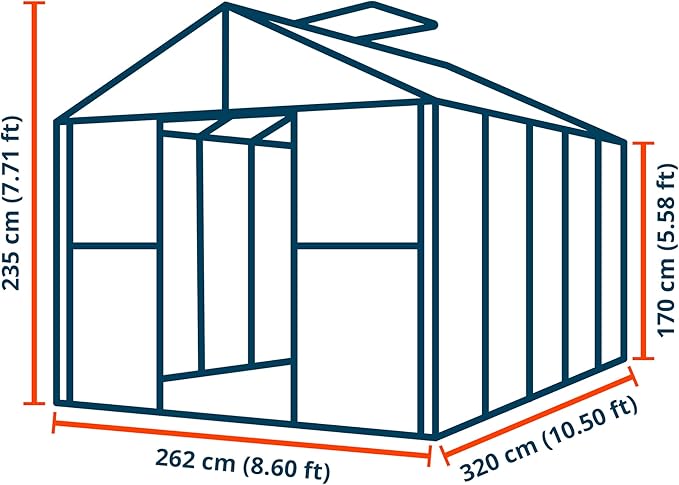 Greenhouse Rubin 5 Aluminum Frame 8.6 x 10.5 ft with Approx. 10 mm Polycarbonate Panels - with 2 Extra Skylights and 2 Automatic Window Openers