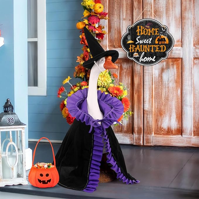 Halloween Porch Goose Outfits Witch with Accessories Yard Garden Lawn Goose Clothes for Plastic Cement Goose Statue 23" Fall Witch Porch Goose Costume Set for Patio Outdoor Decoration