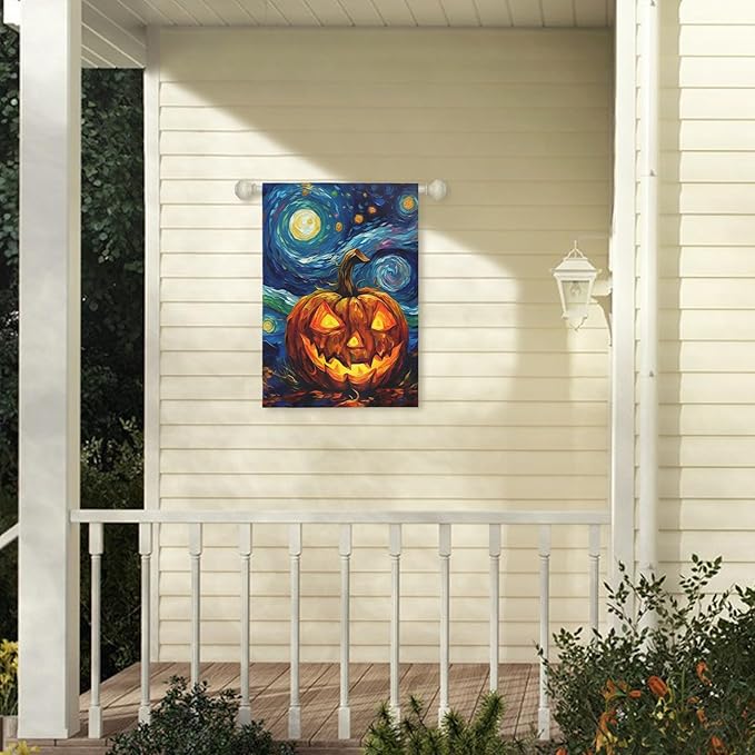 Halloween Garden Flag Pumpkin House Banner Van Gogh Garden Flags Arts Starry Night Sky Moon Yard Flags Double Sided Fall Porch Patio Farmhouse Outdoor Yard Window Decorative 28 x 40 Inch