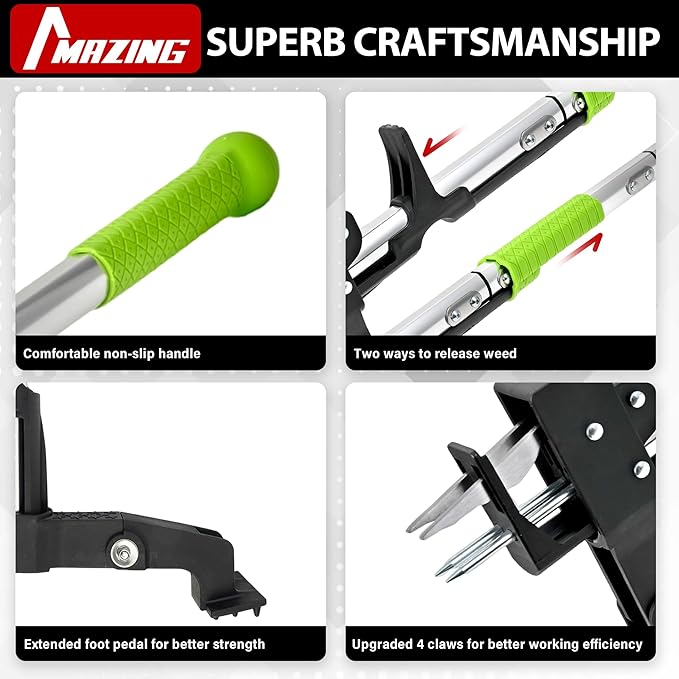 MAZING 4-Claw 39" Weed Puller Tool, Length Adjustable Detachable Weed Remover, Stainless Steel Claws Weed Picker and Grabber, Stand Up Weed Root Pulling Tool for Lawn, Yard, Garden, Patio