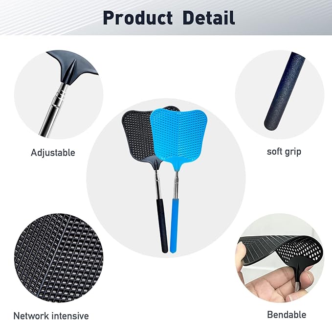 Fly Swatter, Flexible and Durable Telescopic Stainless Steel Retractable Handle ，Manual Fly swatters for Home,Garden,Classroom and Office (2Pcs Black& Blue)