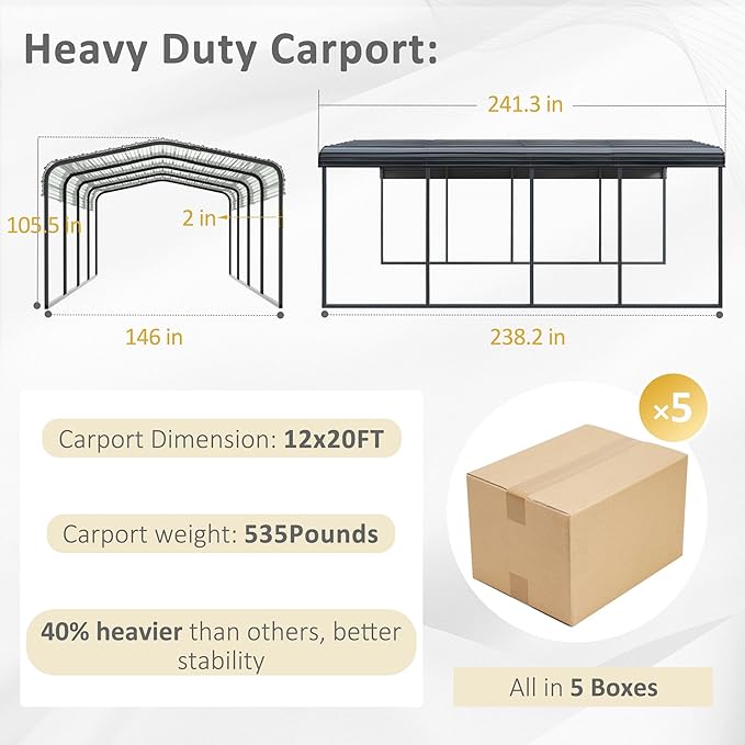 MUPATER Outdoor Carport, 12' x 20' Heavy Duty Canopy for Garage,Car Garage Shelter with Metal Roof and Frame for Car, and Boat, Grey