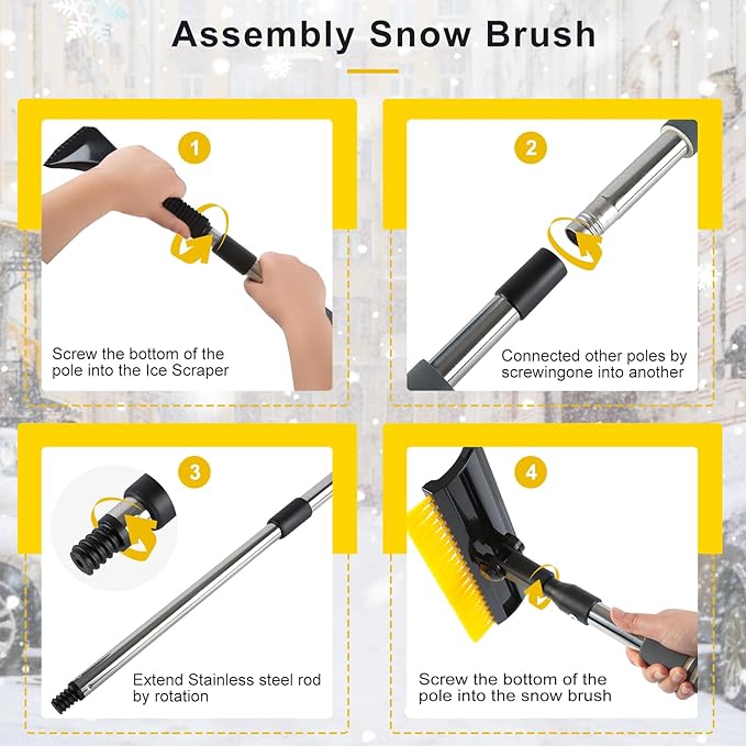 53'' Extendable Retractable Snow Brush & Ice Scraper for Cars/SUVs/Trucks - 360° Rotating Detachable Head, 10" Scratch-Free Squeegee, Ergonomic Foam Handle Winter Cleaning Tool (Yellow&Black)