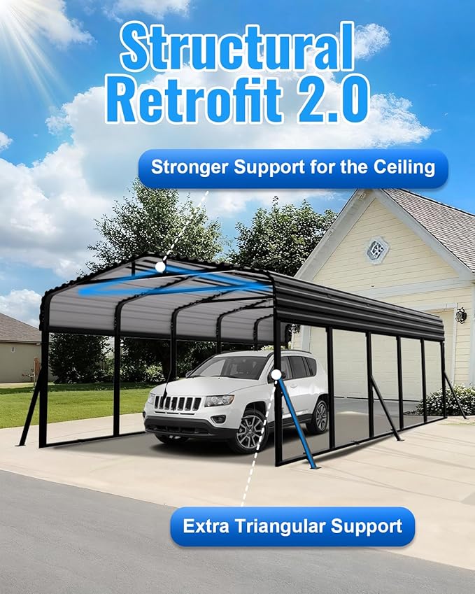 12x25FT Metal Carport, Extended Heavy Duty Carport with Reinforced Frame & Side Support Poles for All-Weather, Large Outdoor Car Port for Pickup Trucks, Boats, Cars & Tractors
