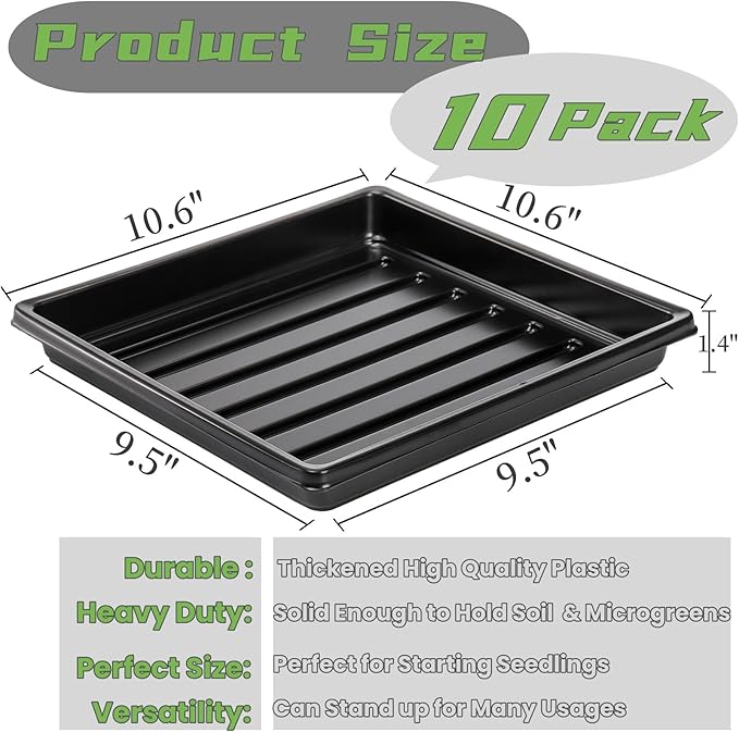 10 Pack Plastic Growing Trays, 10.6"x10.6" Garden Plant Growing Flats, Propagation Seedling Tray Without Drain Holes, Microgreens Seed Starter Tray for Greenhouse Wheatgrass Germination
