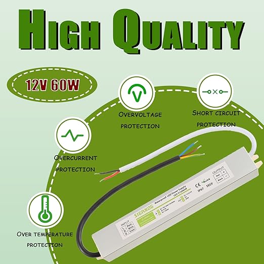 60W Watts LED Driver Power Supply Transformer Adapter Waterproof IP67 100V-260V AC to 12V DC Low Voltage Output for LED Light Outdoor Light 12V DC Led Lights Computer Project