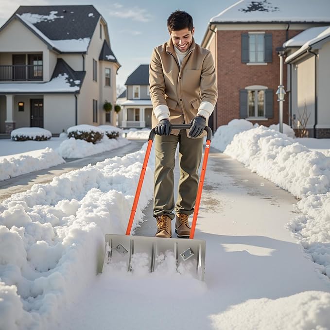 VEVOR 24 inch Snow Pusher Shovel with Wheels, Metal Heavy Duty Wheeled Push Snow Shovels for Driveway