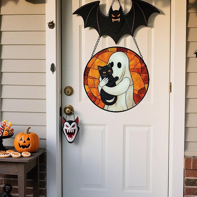 Stained Glass Window Hanging - Halloween Decorations White Ghost Black Cat Suncatcher for Doors Garden Spooky Funny Orange Sun Catchers Gothic Decor Horror Gifts for Women Men Friend 6.3 in