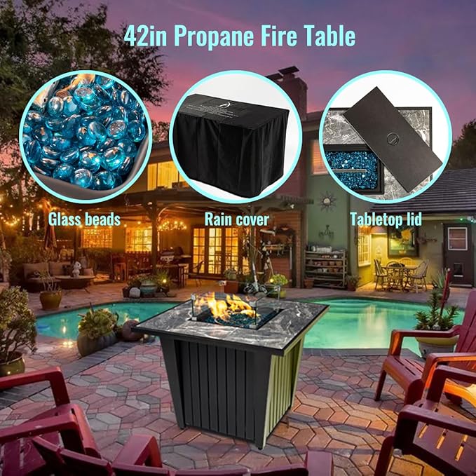 32'' Propane Fire Pit Table, Marble Tile Ceramic Tabletop with Glass Wind Guard, 50,000 BTU Fire Table with Inclined Leg and Art Powder Design, Blue Glass Rocks, Including Lid&Cover, Grey