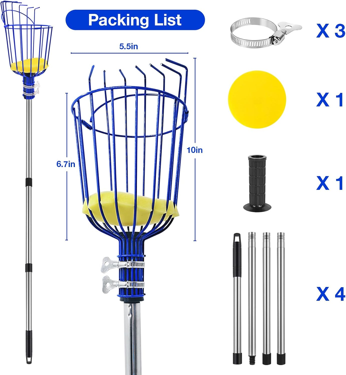 Steel Adjustable Splicing Fruit Picker Pole with Basket, 35-129 Inch Grabber Reacher Tool for Orange Lemon Apple Guava Mango Avocado Pear Tree Harvesting
