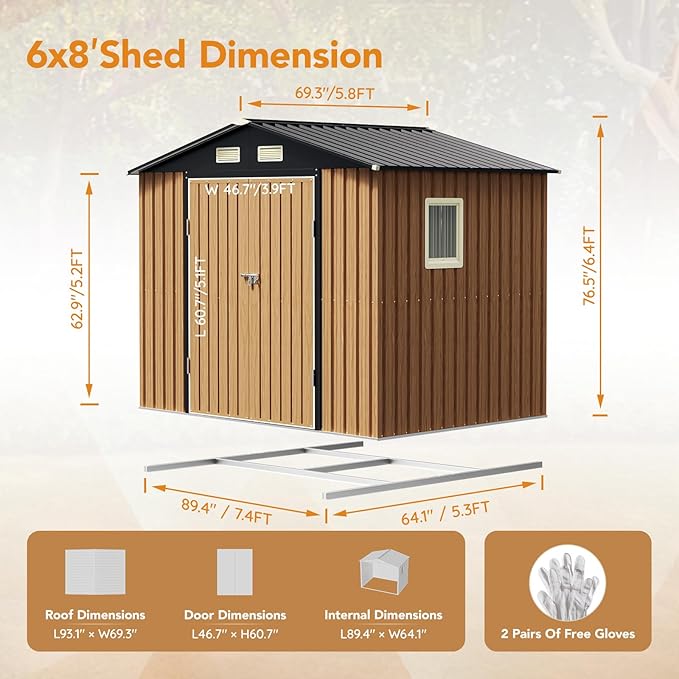 8X6FT Garden Storage Shed with Frame Floor & Lockable Doors,Steel Tool Shed with 1 Clear Window, Anti-Corrosion Metal Shed for Backyard Patio Lawn (Wood Panels Not Included)