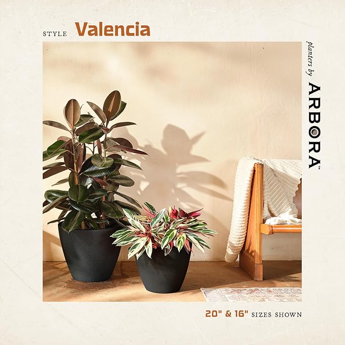 ARBORA 20" Valencia Polyresin Indoor and Outdoor Planter with Classic Black Finish - Durable, Weatherproof, Lightweight, Large Plant Pot for Patio, Garden, Deck, Entryway