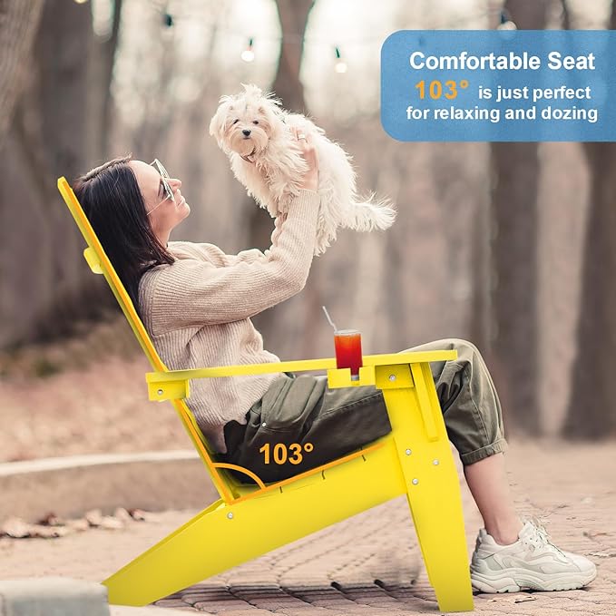 MXIMU Modern Adirondack Chair Weather Resistant with Cup Holder Oversized Fire Pit Chairs Adorondic Plastic Outdoor Chairs for Firepit Area Seating (Yellow)