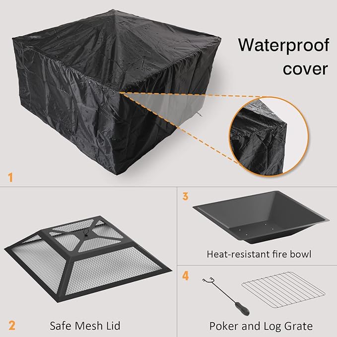 Flamaker Outdoor Fire Pit 32 Inch Patio Square Metal Firepit with Cover Poker & Grate Wood Burning Fireplace Backyard Stove for Outside Heating Camping