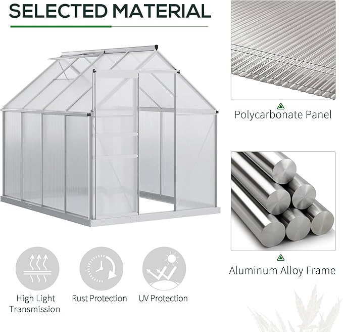 Outsunny 6' x 8' x 6.5' Polycarbonate Greenhouse with Adjustable Roof Vent, Walk-in Heavy Duty Green House Kit with Aluminum Frame, Sliding Door and Rain Gutter for Winter, Silver