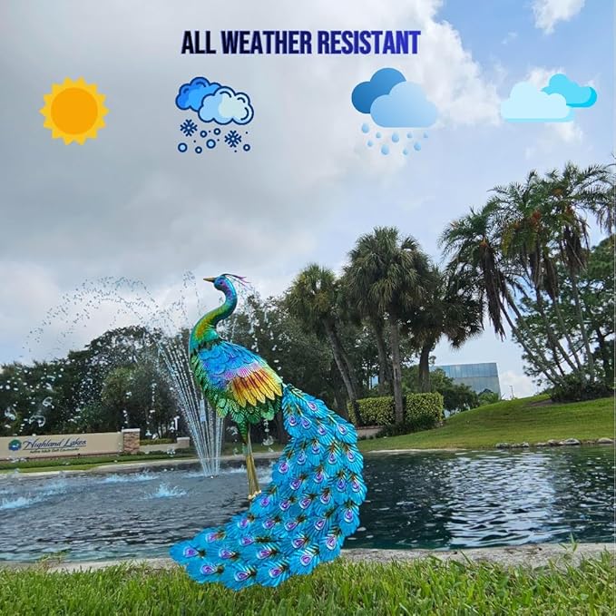 Haven Treasures Luxury 30.5 inches Outdoor Metallic Peacock Statute for Your Garden Decoration, Outdoor Yard Decor Sculpture, Home Décor
