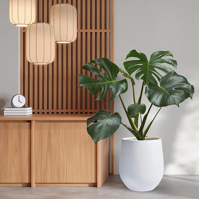 12.5"H x 11.4"D Corso Fiberstone Round Tapered Planter with Drainage Hole, Smooth Finishes, Weather Resistant for Indoor and Outdoor Use, Included 2 Extra Coco Mats (White, 9" Pot Opening)