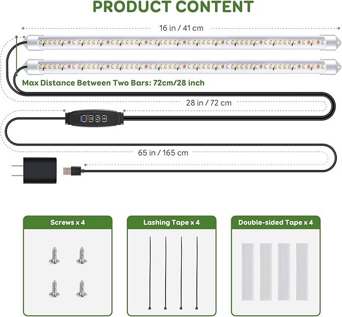 2 Bars 16" Grow Lights for Indoor Plants, 120 LEDs Full Spectrum Plant Grow Light Strips with Auto ON/Off Timer 3/9/12Hrs, 10 Brightness, 3 Switch Modes Sunlike Growing Lamps for Hydroponics Succulent